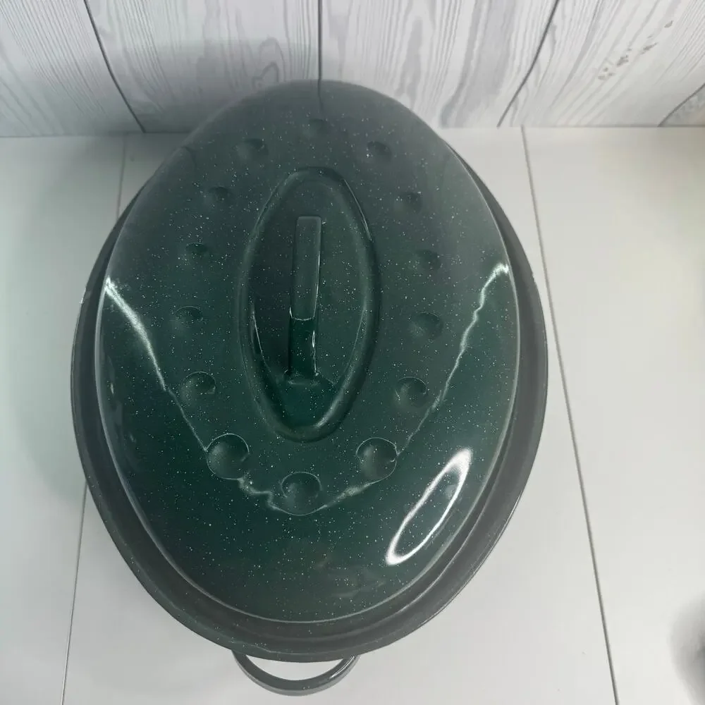 Vintage Enameled Dutch Oven/Roaster with Lid Speckled Green 16x13x9